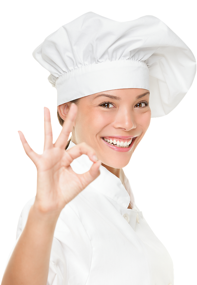 Woman wearing a chef hat gives an "okay" hand gesture